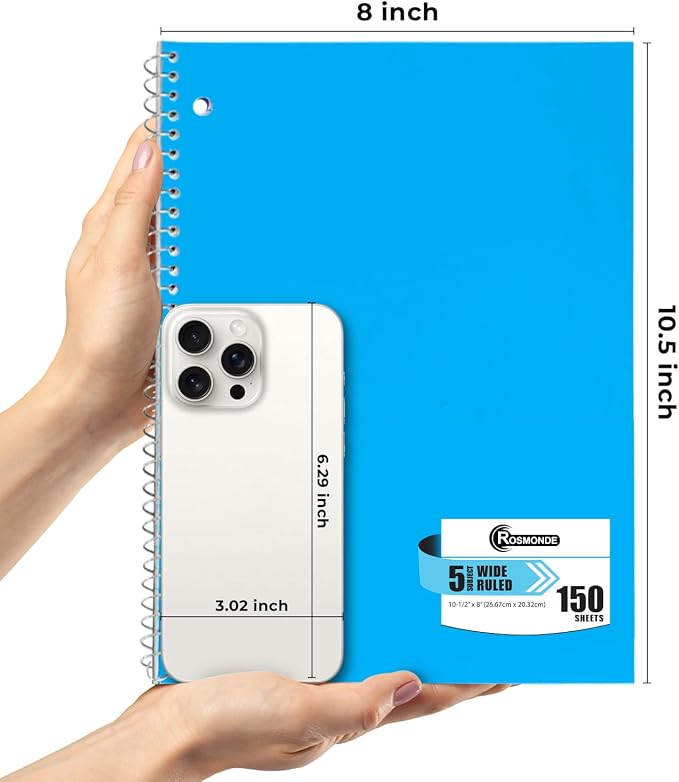 Rosmonde 5 Subject Spiral Notebooks Bulk, 36 Pack, Wide Ruled, 150 Sheets(300 Pages), 8 x 10-1/2", 3 Hole Punched, Bulk Subject Notebooks for Schools, Sturdy Spiral Bound Notebooks, Assorted Colors