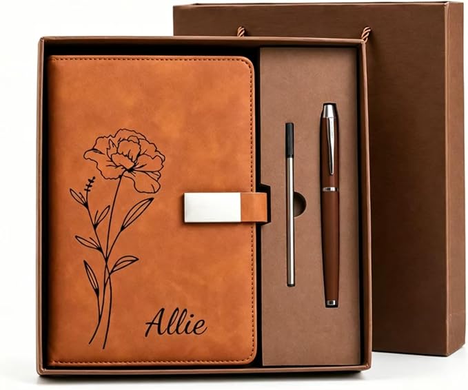 Personalized A5 Notebook Gift Set with Pen and Gift Box, Custom Name Birth Flower PU Leather Journal for Women, Writing Notebook for Work, Travel, Teachers, Mom and Friends (A)