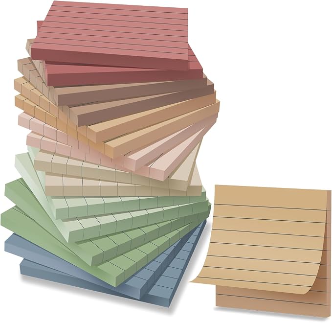 (16 Pack) Lined Sticky Notes 3x3 in Ruled Stickies Super Sticking Power Memo Pads Vintage Colors, Post on Windows Doors,Recyclable,Easy to Write on