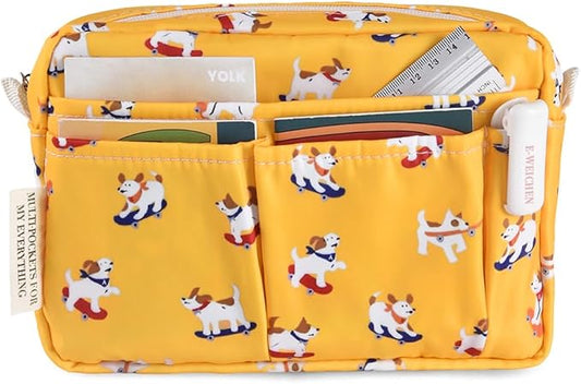 E-WEICHEN Multiple Pockets Portfolio Organizer with Zippered, Makeup Bag Travel Essentials for Women, Simple Waterproof Stationery Pencil Pouch Bag for Journal Office Art Supplies.Yellow Dog