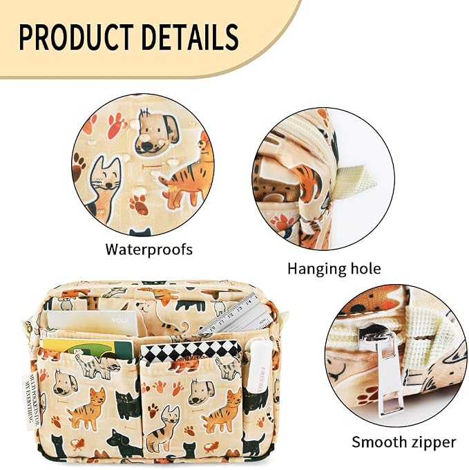 E-WEICHEN Multiple Pockets Portfolio Organizer with Zippered, Makeup Bag Travel Essentials for Women, Simple Waterproof Stationery Pencil Pouch Bag for Journal Office Art Supplies.Beige Dog