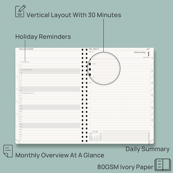 POPRUN 2026-2027 Daily Planner One Page Per Day, Large Size 8.5" x 12", Daily Calendar Book with July 2026 to June 2027, Academic Hardcover Appointment Book with Hourly Time Slots, Spiral Bound, Monthly Tabs - Pacific Green