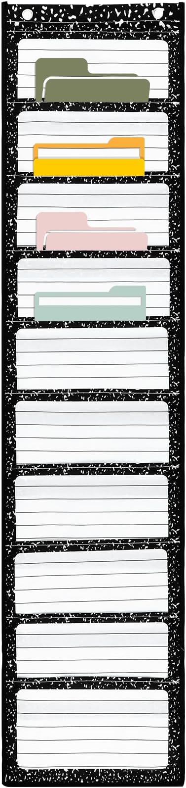 MotiMind Black Spots 10 Pockets Wall Hanging File Folders File Storage Pocket Chart for Classroom Hanging Wall Organizer with 2 Over The Door Hangers, 58" x 14" for School Classroom Office Home