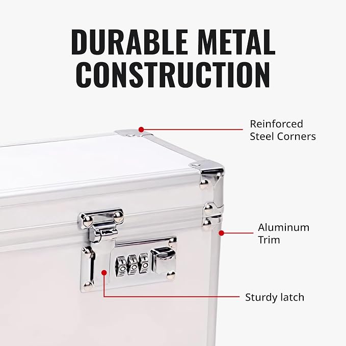 Vaultz Locking Medicine Box with Combination Lock - Secure Metal Lock Box Safe for Medication, Pills & Valuables, Small Lockbox with Code, Portable Storage Case, White | Metal lock box, storage case for medication and small valuables, 3-digit combinati...