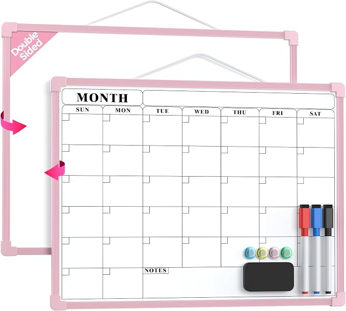 MaxGear Monthly Calendar Dry Erase Board for Wall, 16"x12", Pink Frame | Double-Sided, Hanging Small White Board, Portable Whiteboard for Planning, Drawing, Memo, to Do List, Home, Kitchen, Office