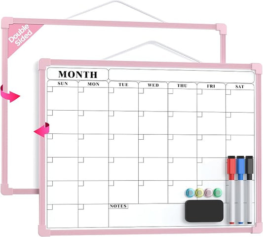 MaxGear Monthly Calendar Dry Erase Board for Wall, 16"x12", Pink Frame | Double-Sided, Hanging Small White Board, Portable Whiteboard for Planning, Drawing, Memo, to Do List, Home, Kitchen, Office