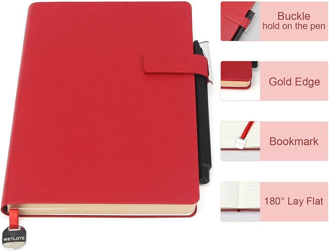 A5 Soft Cover Lined Notebook, Pen Holder & Gold Edges, 180° Lay Flat Journal, Large 5.7 x 8.4 in, Bookmark & Gift Box, Business Notebook for Work, Study, Travel(Red)