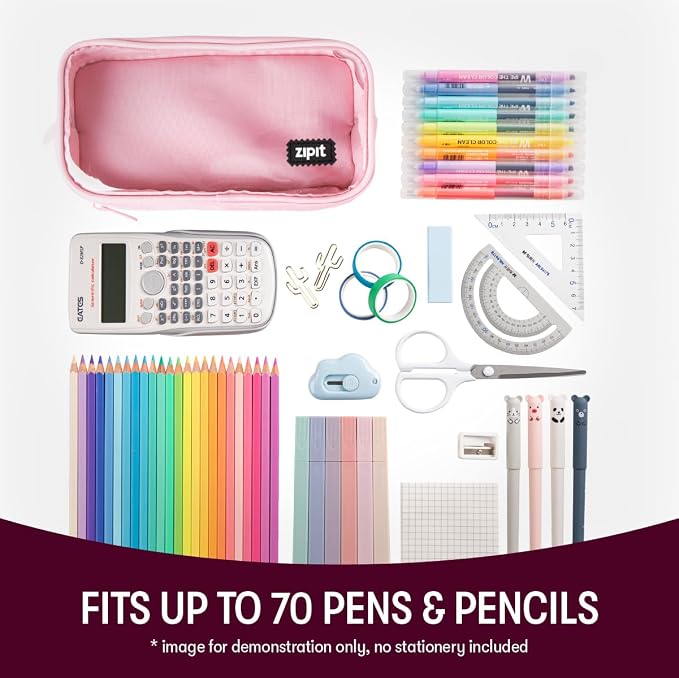 ZIPIT Half & Half Pencil Case for Girls, Aesthetic 3 Compartment Zipper Pouch for School, Stationery Bag for Teen and Adults, Pink