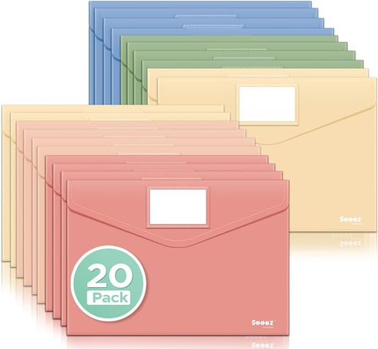 Sooez 20 Pack Plastic Envelopes, Plastic File Folder, Folders for Documents | Retro Colors, Super Heavyweight Document Holder, Storage Pouches, File Envelopes for School Office Supplies