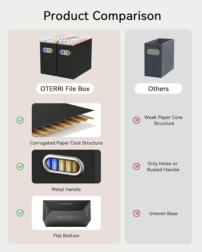 Oterri File Organizer Box, Portable Collapsible Cardboard File Folder Organizer with Handle for Letter Size Hanging Files, Document Storage Box for Home Office & Classroom (4 Packs, Black)
