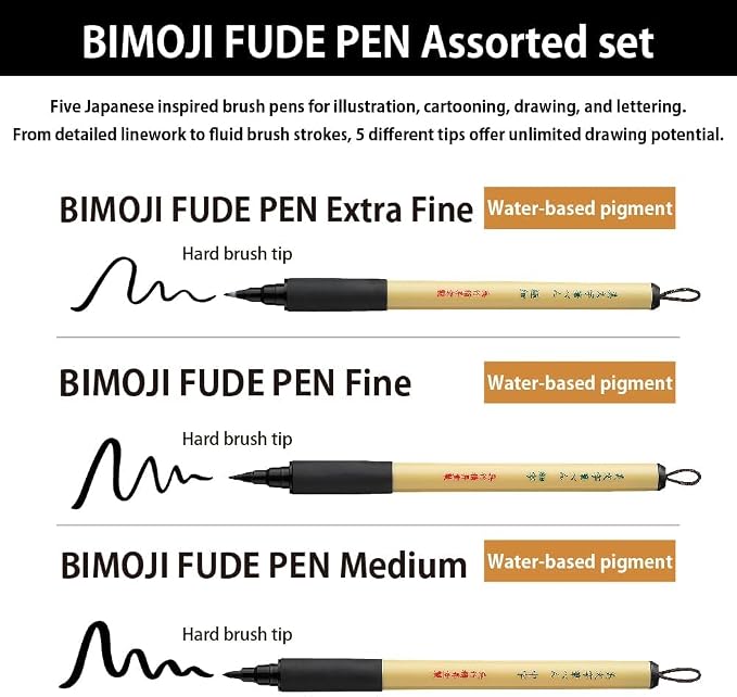 Kuretake Bimoji Brush Pen, 5 pcs set, brush tip marking fude brush pen, for Calligraphy, lettering, illustration, Professional, Made in Japan