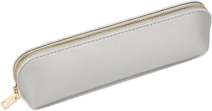 Pencil Case Small Pencil Pouch Slim (Pearl Silver, Faux Leather)