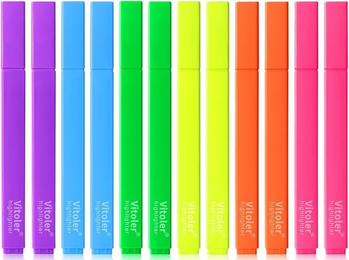 Vitoler Highlighters Assorted Colors,Bright Color, Chisel Tip 12pcs | Aesthetic,Cute Pastel,high quality for bible study,books,journal,writing,school office