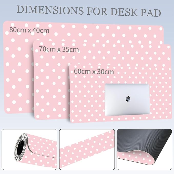 White Polka Dot Leather Desk Mat Extended Gaming Mouse Pad | Non-slip Large Writing Pad Laptop Blotter Computer Keyboard Mat | Cute Pink Desk Protector for Home Office 23.6" x 11.8"