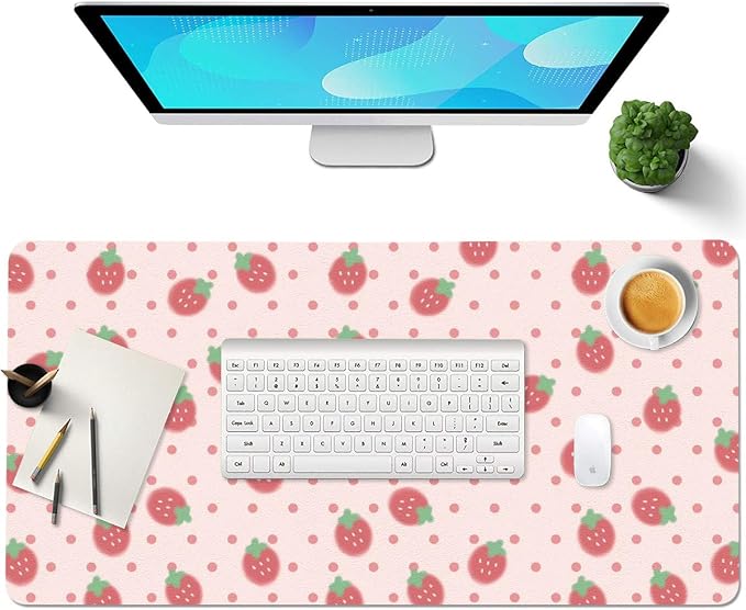 Cute Strawberry Pink Large Mouse Pad, PU Leather Desk Pad Protector, Non-Slip Computer Desk Writing Mat, Gaming Keyboard Mouse Pad, Office Desk Accessories