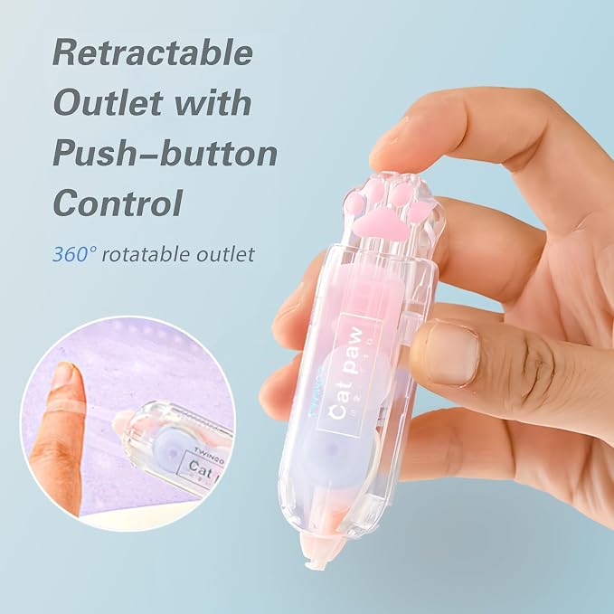 6Pcs Retractable White Correction Tape,Cute Cat Paw Correction Tape Pens, Mini Aesthetic Pen Shaped White Applicator with Easy to Use Out Tape for Back to School Office Supplies