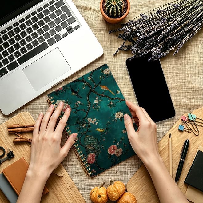 Dark Teal Chinoiserie Floral Bird Spiral Notebook for Work Study, Vintage Oriental Traditional Nature Botanical Notebook Journal for Women Note Taking, 5.5x8.3 Inch