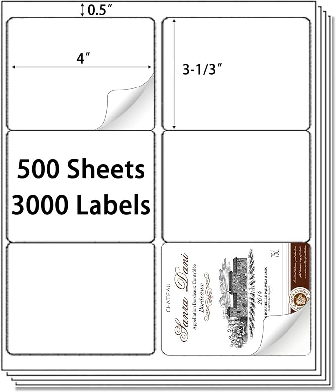 9527 Product 6 up 3-1/3" x 4" Sticker Labels Shipping Address Labels for Laser/Inkjet Printer, 500 Sheets, Total 3000 Labels