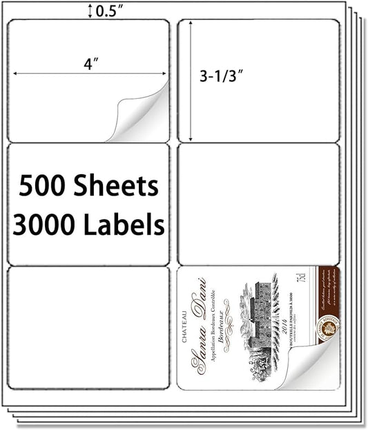 9527 Product 6 up 3-1/3" x 4" Sticker Labels Shipping Address Labels for Laser/Inkjet Printer, 500 Sheets, Total 3000 Labels