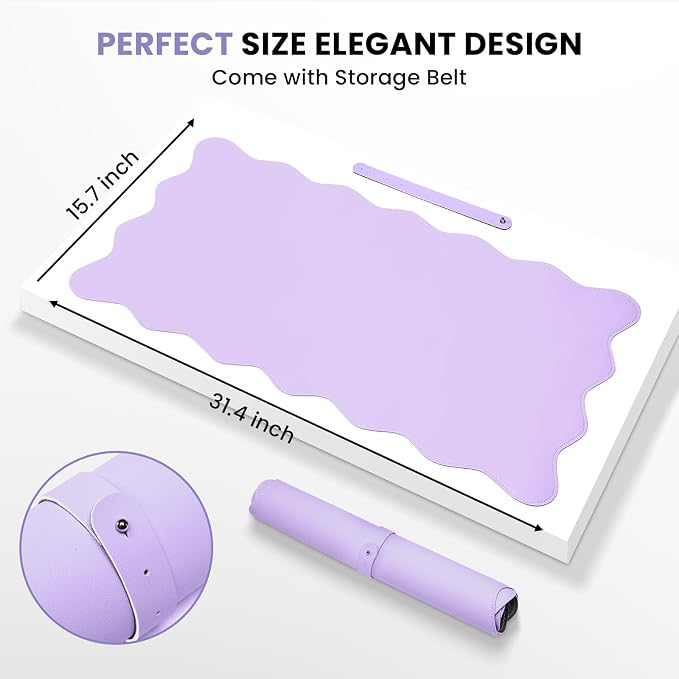 PU Leather Desk Pad, Scalloped Non-Slip Mouse Pad & Large Desk Mat Cover Stitched Edges Writing Pad for Office, Home - Waterproof, Easy to Clean, Durable Surface I 31.4"x15.7", Purple