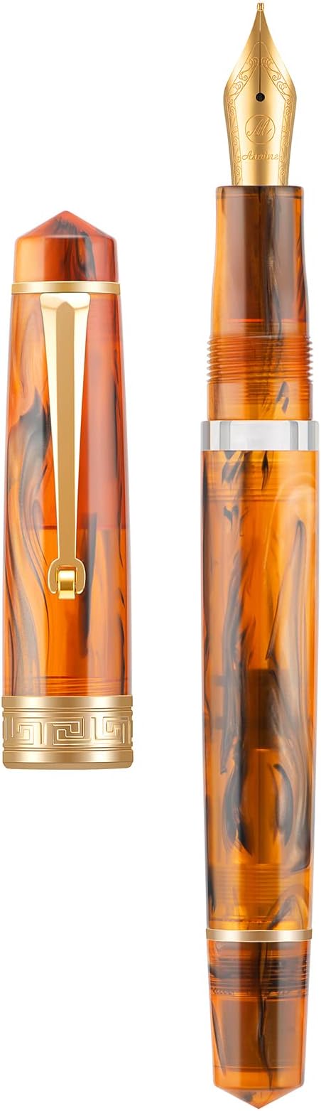 Asvine P20 Piston Fountain Pen Amber Resin, Iridium Medium Nib Gold Trim Smooth Writer Collection with Case Set
