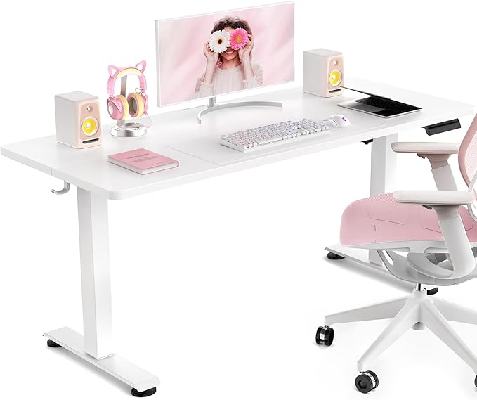 Veken 47.2 Inch Large Electric Standing Desk, Gaming Table, White | Height Adjustable Sit Stand Up Computer Tables for Home Office, Study , Writing, Suit students, employees and group work