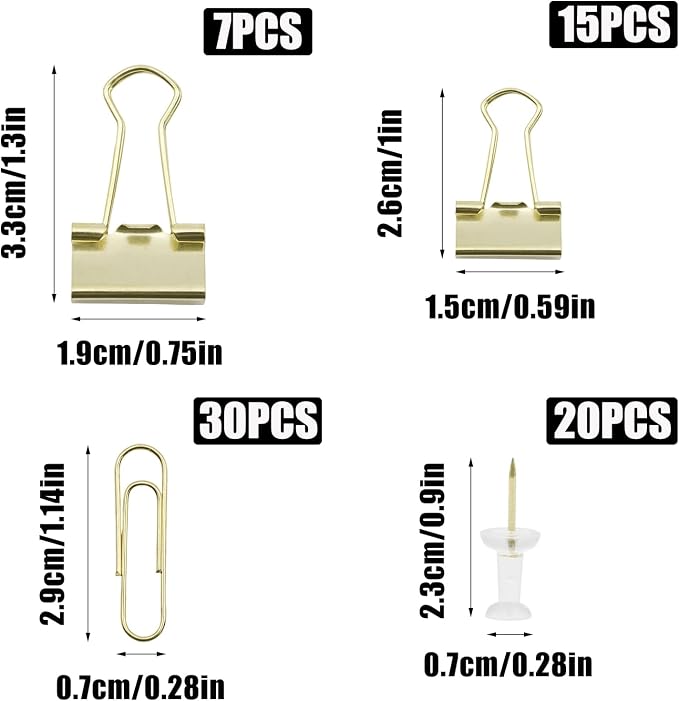 Office Supplies Set, Paper Clips, Push Pins and Binder Clips Set with Box for Office, School and Home(Gold)
