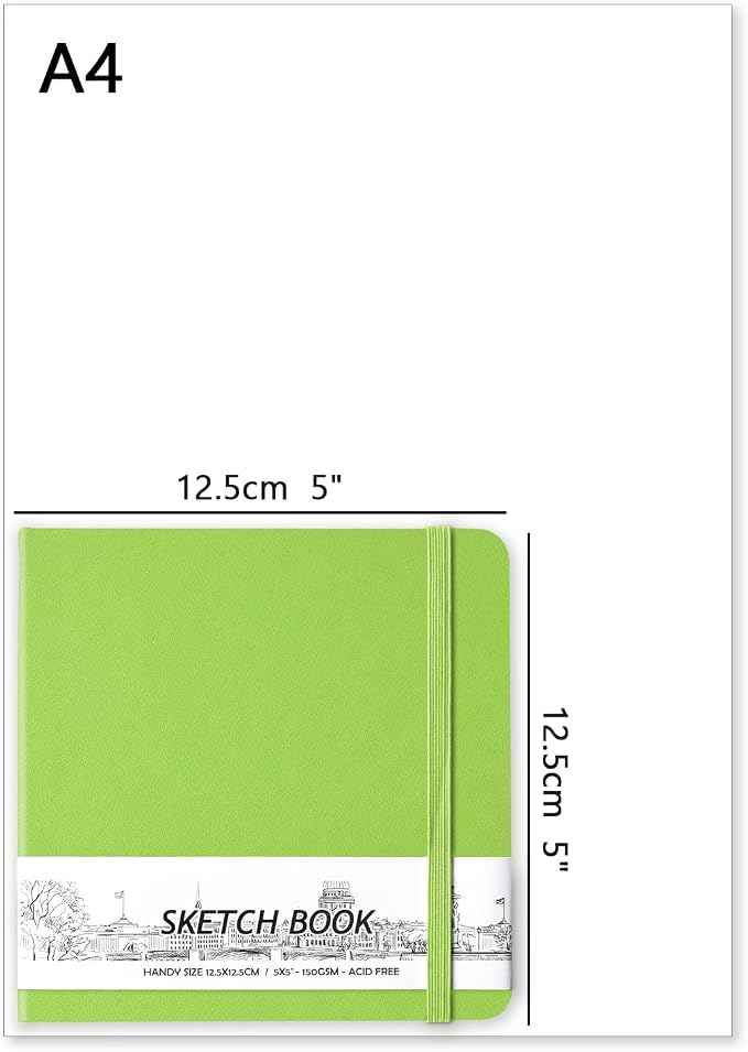 5" x 5" Hardcover Sketch Book,58 Sheets Small Mixed Media Pocket Sketch Pad | PU Cover,150 GSM Acid Free Artist Drawing Paper,Travel Journal Blank Notebook for Adults Sketching,Illustration.Hami Melon