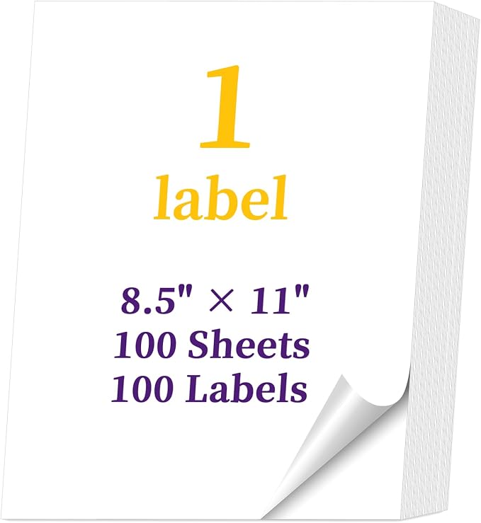 100 Labels 100 Sheets 8.5" x 11" Full Sheet Sticker Paper for Laser & Ink Jet Printers, Full Page Shipping Labels, 8 1/2x11 Printable Label