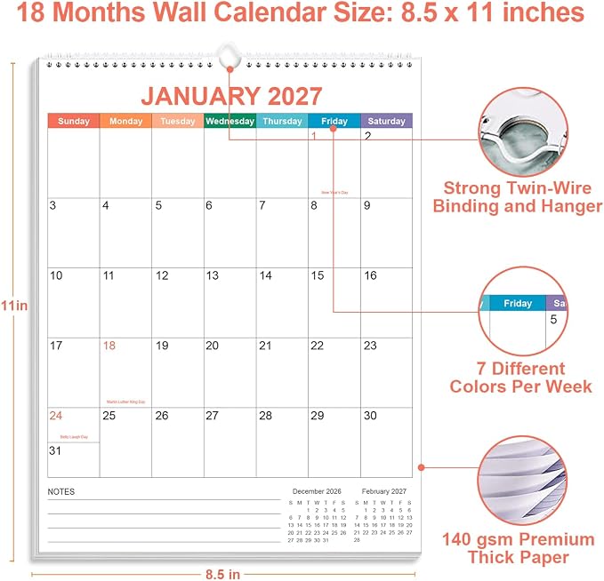 2026-2027 Calendar - Wall Calendar 2026-2027 from July 2026 - December 2027, 18 Months Calendar with Twin-Wire Binding & Hanging Hook, 8.5" x 11", Vertical Calendar, Colorful