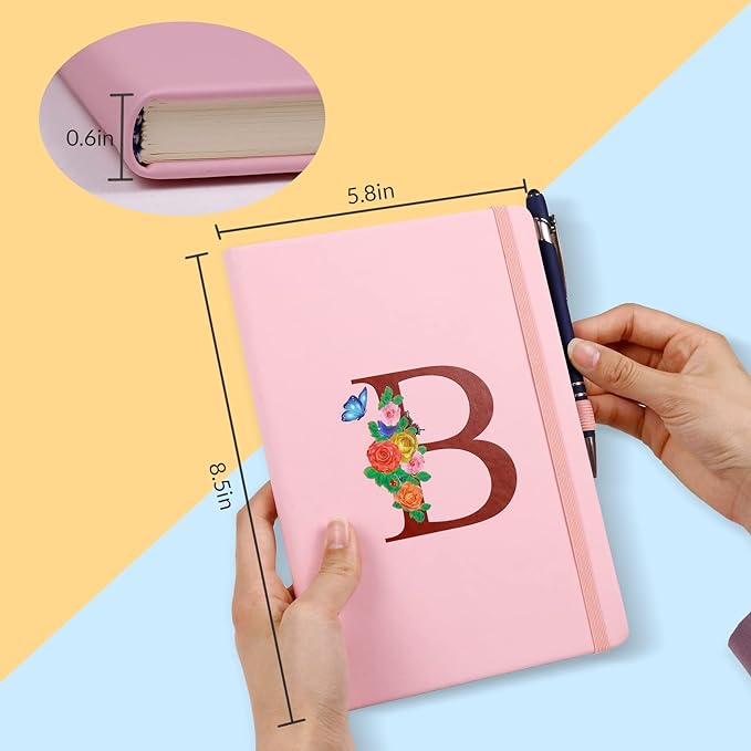 Pink Notebook for Women, 5.7"X8.3" A5 Journal Notebook with Letter H, Dual-Sided Writing Notebook with Dividers, Cute Leather Journal for Work, Business, School, Meetings, Travelers, Small Notebook
