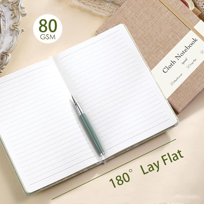 ipoul A5 Notebook, Linen Journal, 8x6, Lined Page, Journal for Writing, Hardcover, Lay Flat, Elastic Closure & Pen Loop, Green