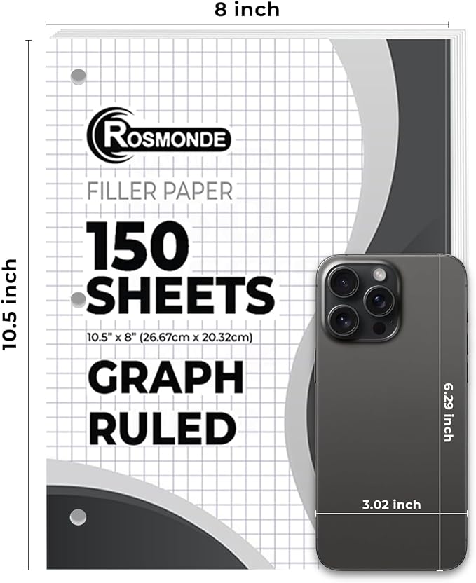 Rosmonde Loose Leaf Paper Bulk, 3600 Sheets, 24 Pack, Graph Ruled Sheets | Bulk Graph Paper, 8 x 10.5", 150 Sheets/Pack, 3 Hole Punch, Quad Ruled, Fits Standard Binders, Fights Ink Bleed, White