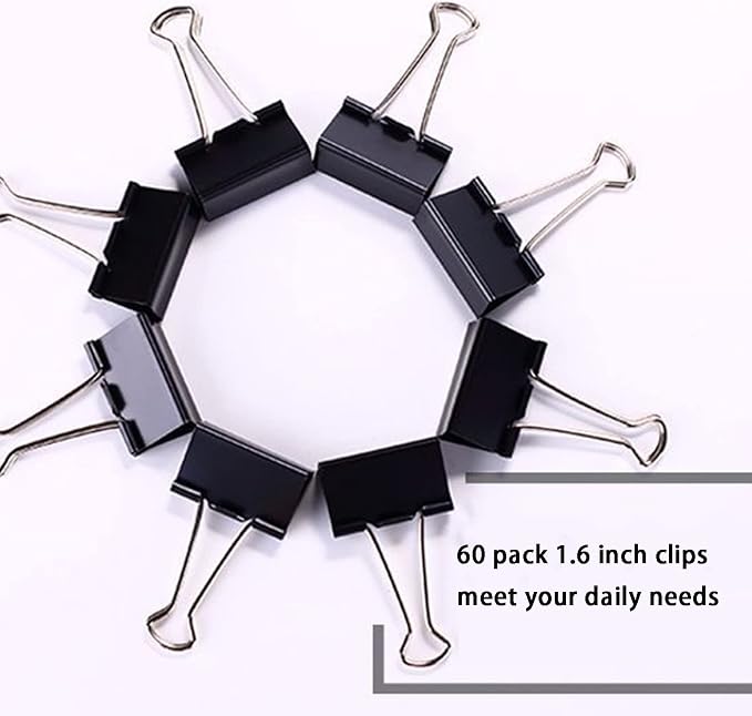 Medium Binder Clips 1.6 Inch (60 Pack), Large Binder Clips Medium Paper Clamps for Office and Home Supplies, Black | Large binder Clips medium paper clamps for Office and Home Supplies