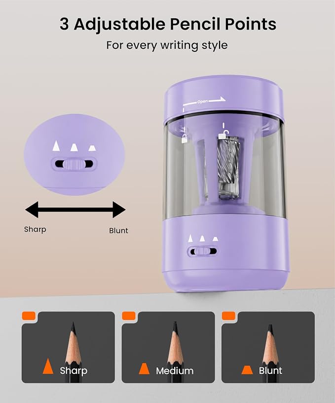 Electric Pencil Sharpener for Classroom, Fully Automatic Pencil Sharpener for 6-8mm Pencils & Colored Pencils, Auto in & Out, Type-C Rechargeable Pencil Sharpeners for Home, School, Purple