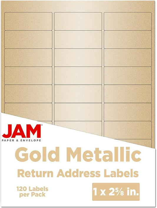 JAM PAPER Return Address Labels - Standard Mailing - 1 x 2 5/8 - Gold Metallic - 120 Shipping Labels/Pack