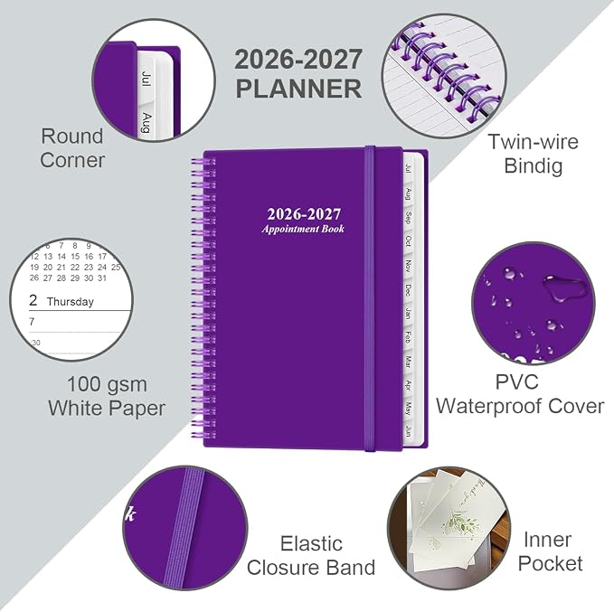 2026-2027 Appointment Book & Planner - Hourly Planner from July 2026 - June 2027, Weekly Appointment Book 2026-2027 with 30-Minute Interval, 6.4" x 8.5", Purple