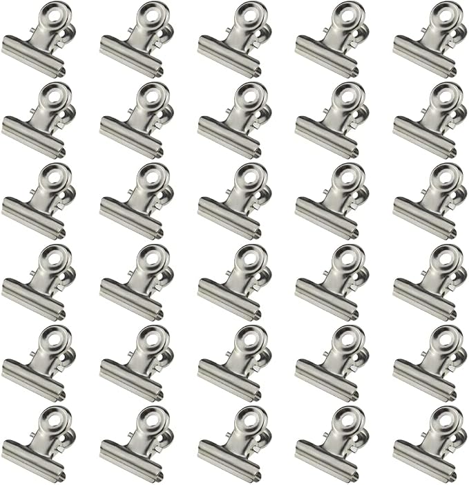 HAHIYO 0.87inch Silver Bulldog Clips Metal File Hinge Binder Clips Clamps Save Space Strong Spring Jaws Rock Solid Grip Book Lay Flat Deburred Edge for Hang Photos Wall Grid Dog Food 30PCS