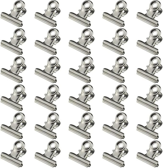 HAHIYO 0.87inch Silver Bulldog Clips Metal File Hinge Binder Clips Clamps Save Space Strong Spring Jaws Rock Solid Grip Book Lay Flat Deburred Edge for Hang Photos Wall Grid Dog Food 30PCS