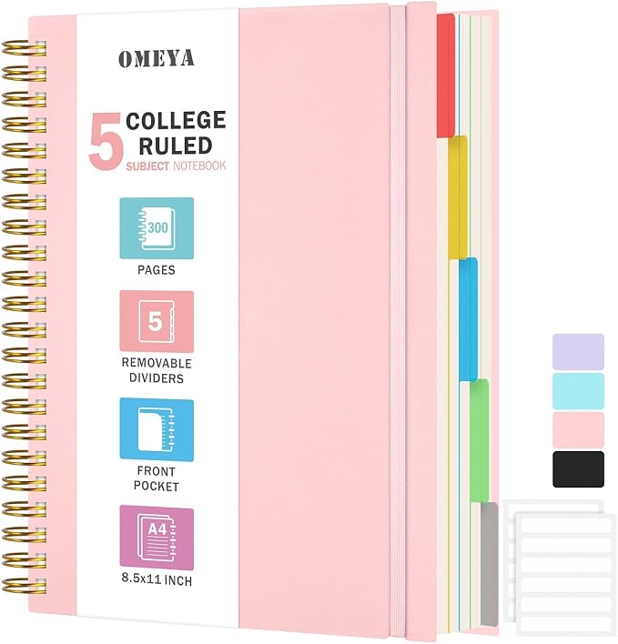 Spiral Notebook 8.5" x 11", 5 Subject Notebooks College Ruled with Dividers | 300 Pages 100GSM Thick Spiral Writing Journal for Women & Men, Large A4 Lined Journal Notebooks for Work, School Supplies