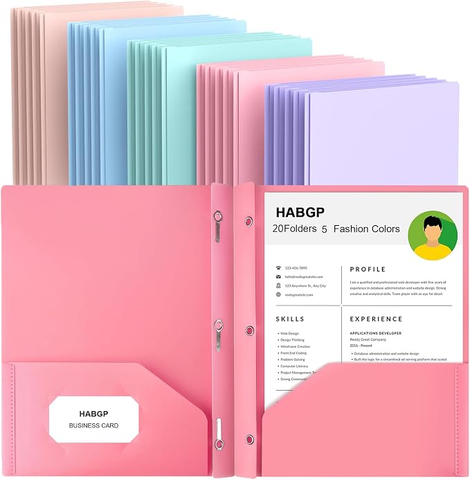 Plastic Folders with Pockets and Prongs, 20 Pack, Colored Folder with Prong | Heavy Duty, 2 Pocket 3 Prong Folders, Pocket Folders with Prongs, Letter Size, File Pocket Folders, for Office, School