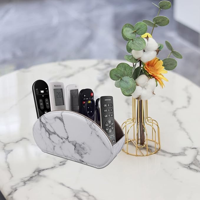 Leather Remote Control Holder with 5 Compartments TV Remote Caddy Store Box,Desktop Organizer for Controller, Glasses and Media Player,Pen Storage (White)