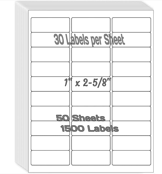 1" x 2-5/8" Shipping Address Labels 1500 Label Stickers Paper for Laser/Inkjet Printer 30 per Page Printable Mailing Labels - Matte, 50 Sheets