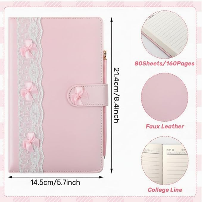 Thenshop Pink A5 Lined Leather Journal Notebook for Women, Hardcover Bow Lace Journal Set with Crystal Bow Pen and Black Gift Box, 160 Pages Thick Paper, Pink Diary for Writing Travel Business Office