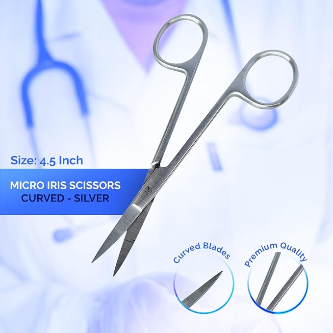 Iris Micro Dissecting Scissors 4.5” Curved (CVD) – Fine Point Surgical Scissors for Skin Tag, Gum, Suture & Eye Procedures – Medical Dental Tool for Doctors, Nurses, Students & Training (1pc)