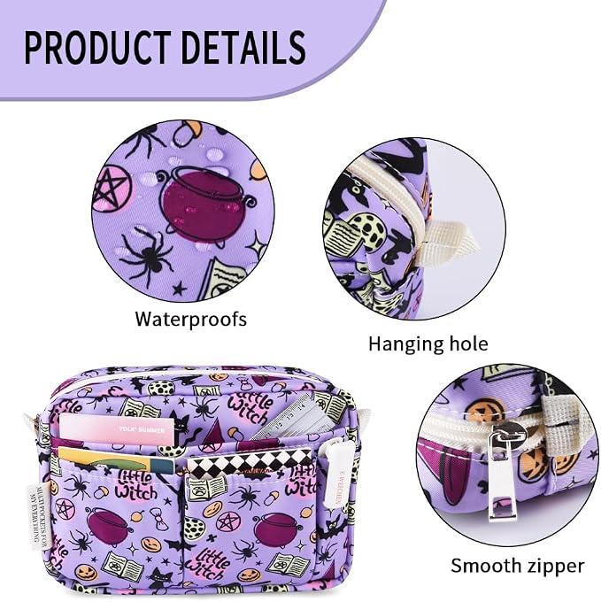 E-WEICHEN Multiple Pockets Portfolio Organizer with Zippered, Makeup Bag Travel Essentials for Women, Simple Waterproof Stationery Pencil Pouch Bag for Journal Office Art Supplies.Purple Halloween