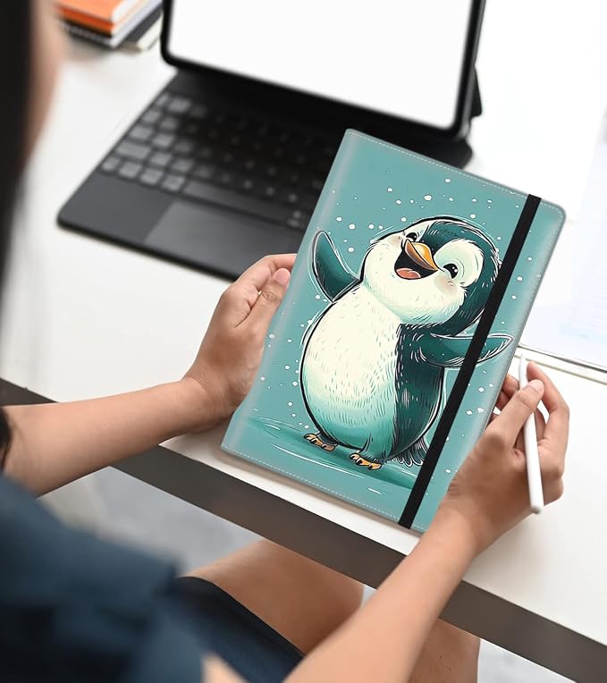 A5 Leather Lined Journal Notebook, 200 Pages Hardcover Executive Notebook for Men Women Office School Note Taking, Thick Writing Paper Daily Journal with Bookmarks/Indexes,Cute Penguin Happy