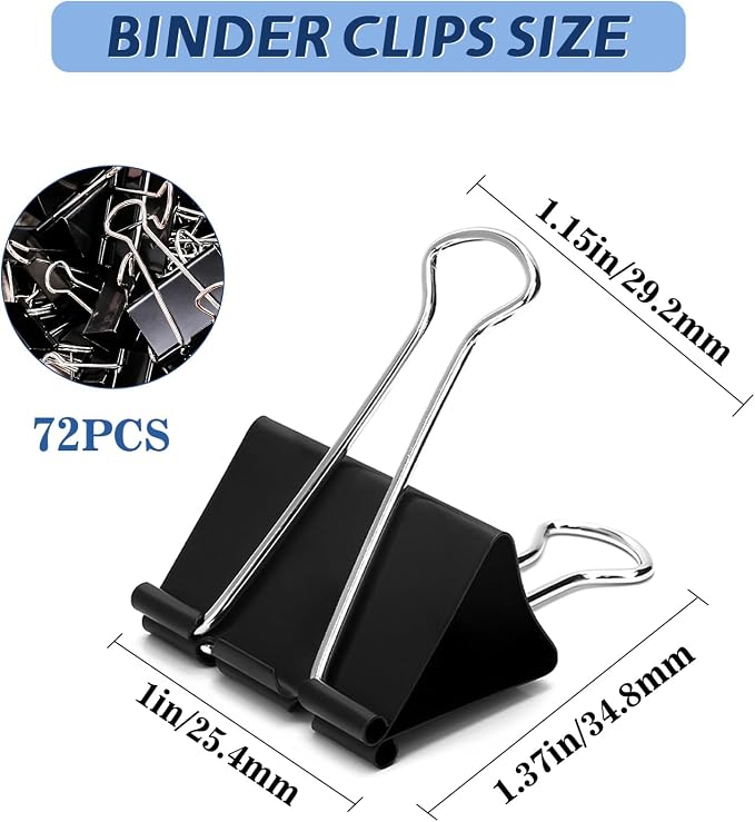 Medium Binder Clips, 72Pack, 1inch, Black Paper Binder Clips, Medium Paper Clips, Office Clips, with Storage Container for Office, Home, School
