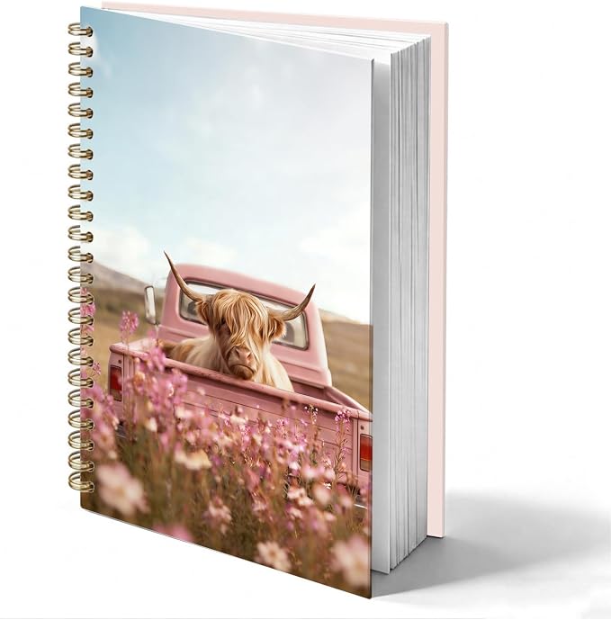 Pink Floral Highland Cow Journal Notebook 5.5x8.3, Farmhouse Pink Truck Highland Cow Journal, Cows Gifts for Women, Countryside Aesthetic Notebooks for Work