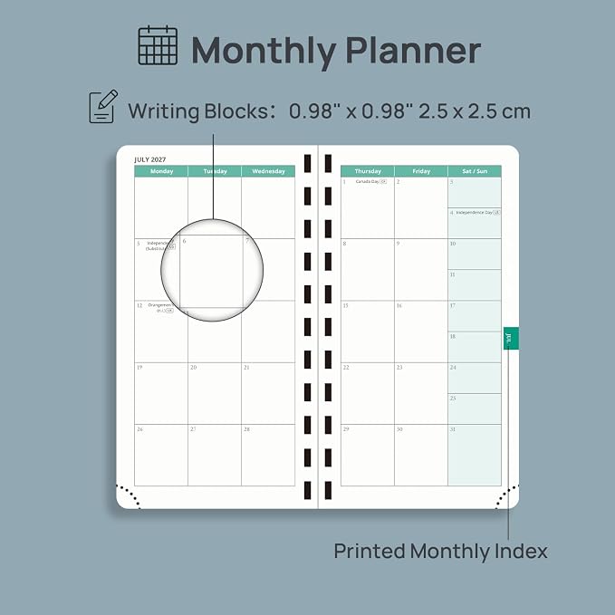 POPRUN 2027 Pocket Planner (Slim 3.5'' x 6.5'') Weekly and Monthly Calendar | 2027 Pocket Calendar(Jan - Dec) Appointment Book with Hourly Time Slots, Monthly Tabs, Spiral Leather Cover - Brown